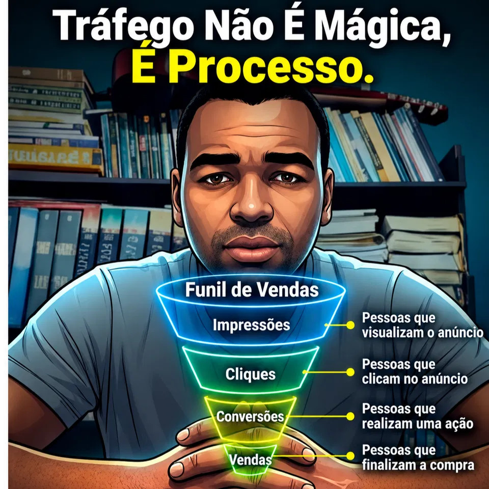 Tráfego não é mágica, é processo: Geyel Souza apresenta as etapas do funil entre impressões, cliques, conversões e vendas.